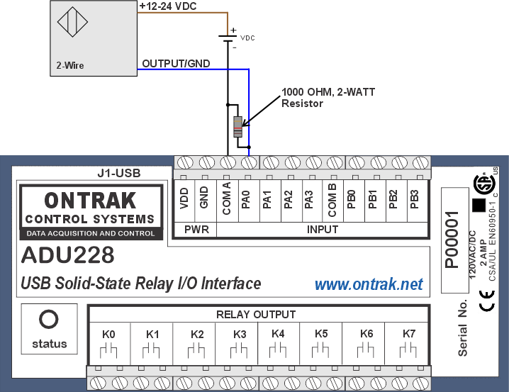Wiring diagram of two wire proximity switch to isolated digital inputs on PLC