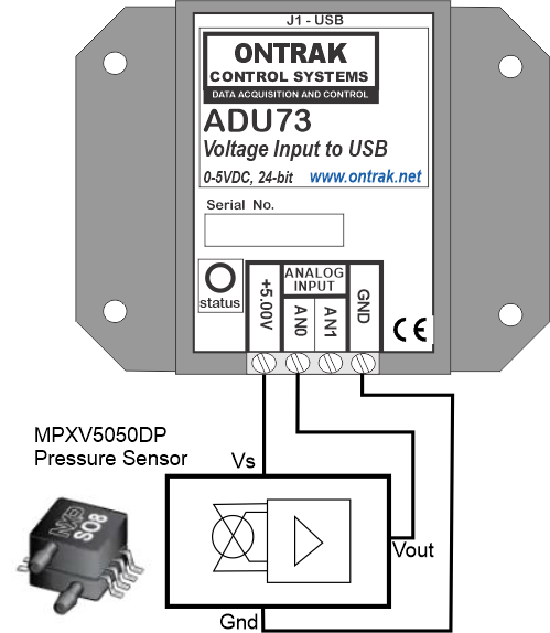 ADU73 Voltage Input to USB Interface Connection to Pressure Sensor