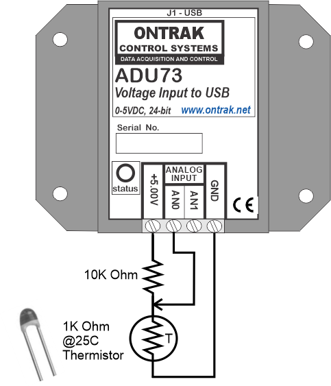 ADU73 Voltage Input to USB Interface Connection to Thermistor