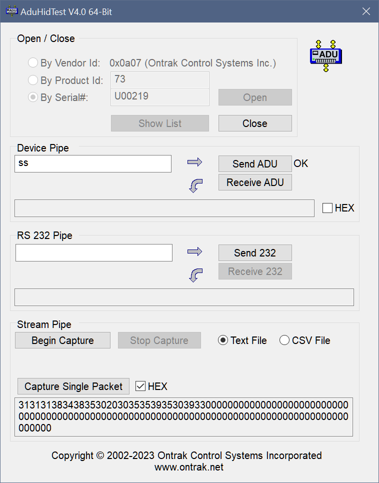 ADU73 Voltage Input to USB caturing Data Packet in HEX