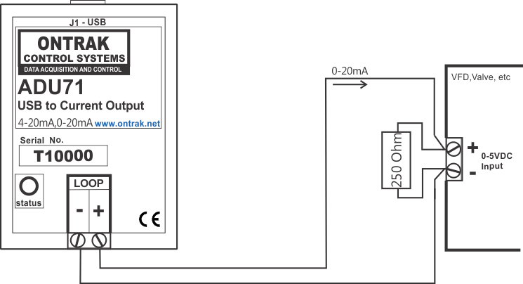 ADU71 USB to 4-20mA Current Connection Diagram for 0-5VDC Input Devices